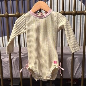 Ruffle Butts Seersucker Yellow and Pink Kids One Piece Swimsuit and Swim Hat